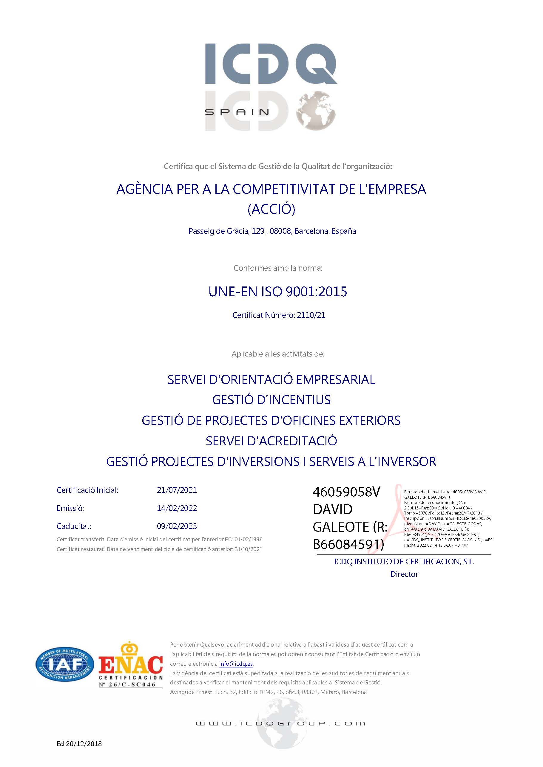 ACCIÓ's Quality Management System Certification