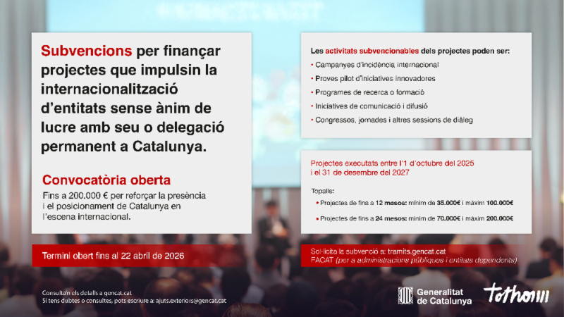 Subvencions destinades a finançar projectes que impulsin la internacionalització d'entitats sense ànim de lucre.
